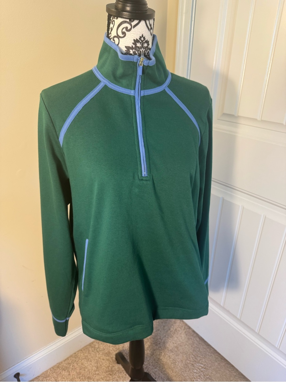 Crown & Ivy Forest Green Quarter-Zip Pullover with Light Blue Trim NWT